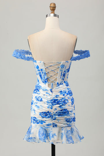 White Blue Flower Off the Shoulder Corset Short Prom Dress with Ruffles